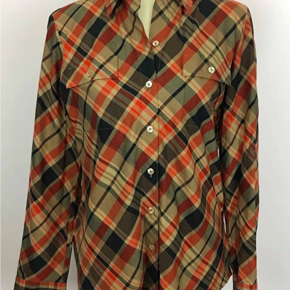 Jones New York Brown Beige Orange Plaid Button Front Long Sleeve Cotton Shirt
